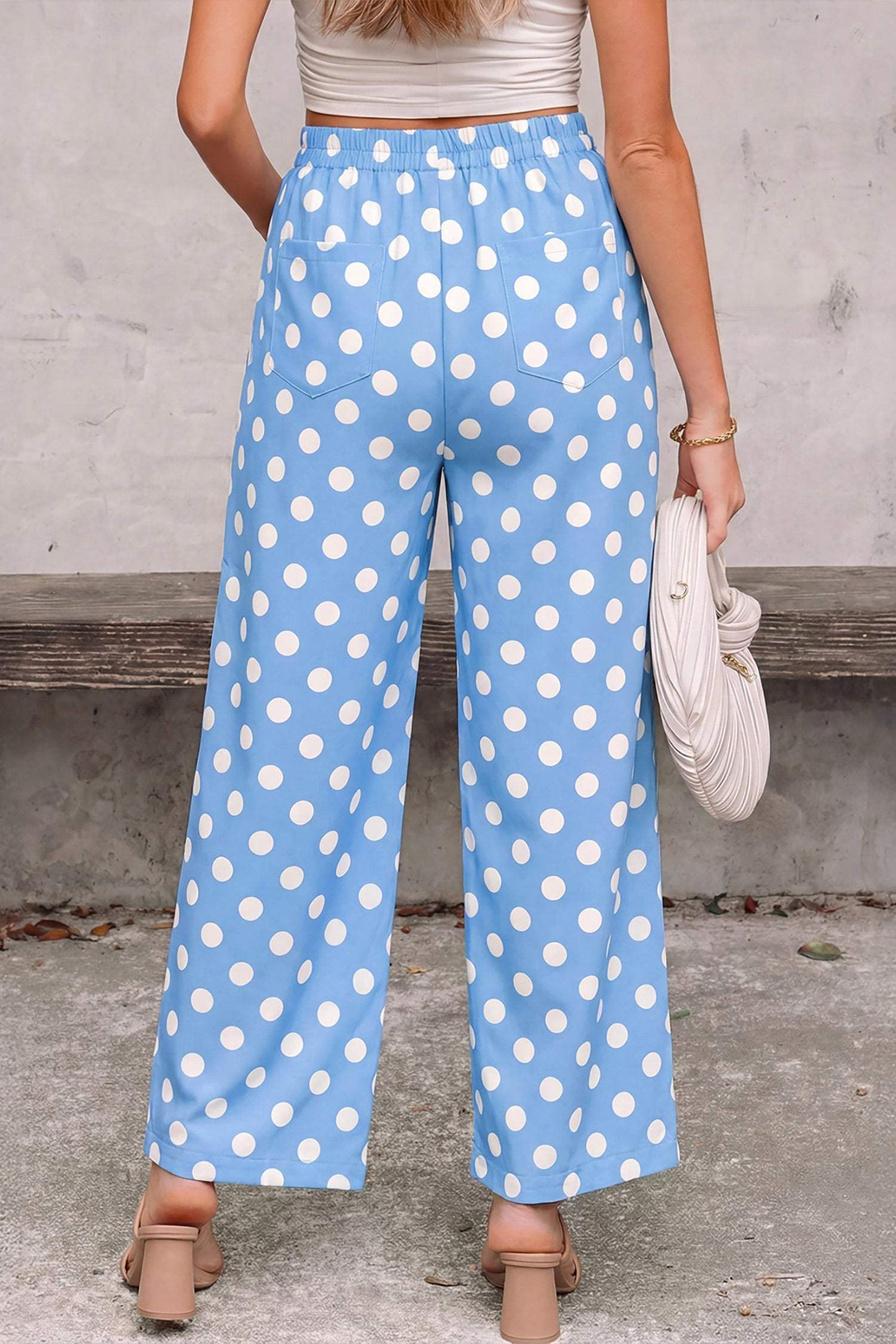 Sky Blue Polka Dot Print Patched Pocket Mid-rise Straight Leg Pants