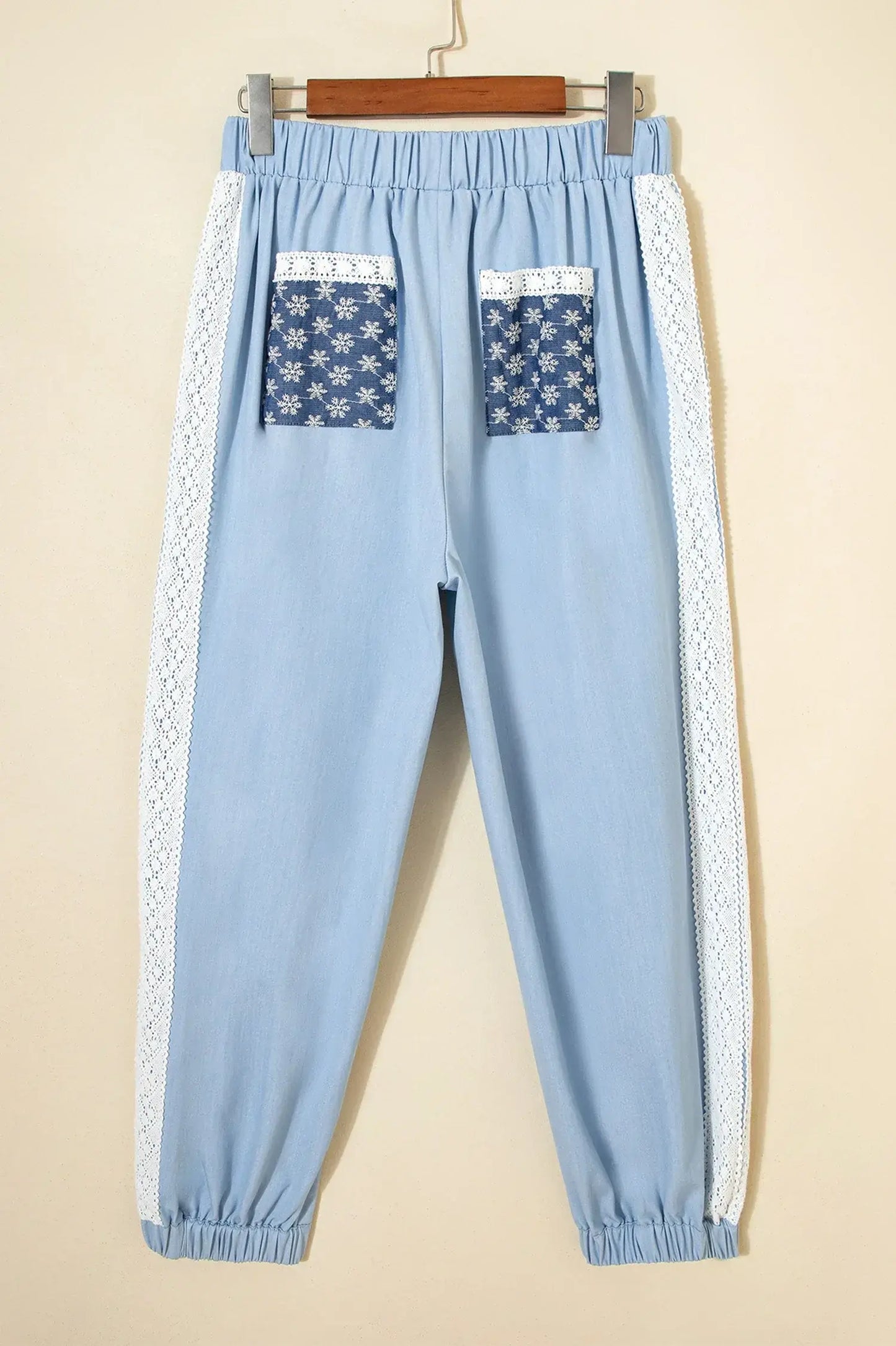 Beau Blue Lace Accent Floral Patched Pocket Pleated Wide Leg Slouchy Pants - Sweet Fashion Wholesale