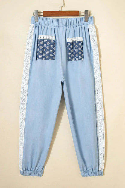 Beau Blue Lace Accent Floral Patched Pocket Pleated Wide Leg Slouchy Pants - Sweet Fashion Wholesale