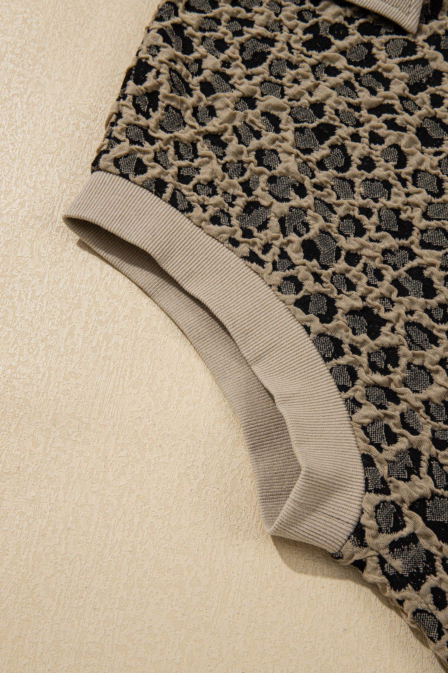 Beige Ribbed Patchwork Collar Cuffed Sleeve Leopard Plus Top - Sweet Fashion Wholesale