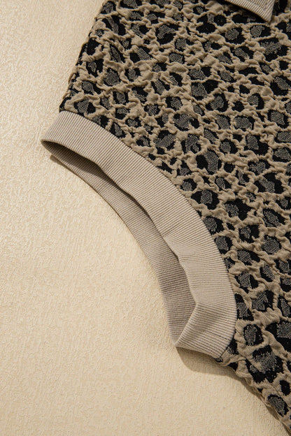 Beige Ribbed Patchwork Collar Cuffed Sleeve Leopard Plus Top - Sweet Fashion Wholesale