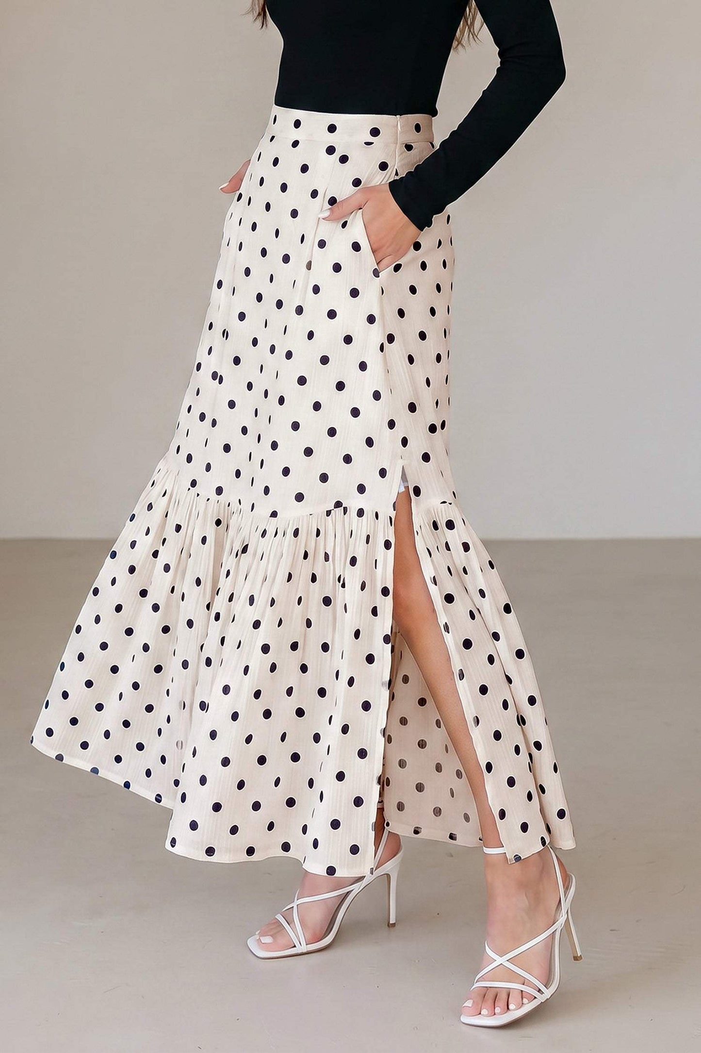 White Polka Dot Ruffled Slit Maxi Skirt