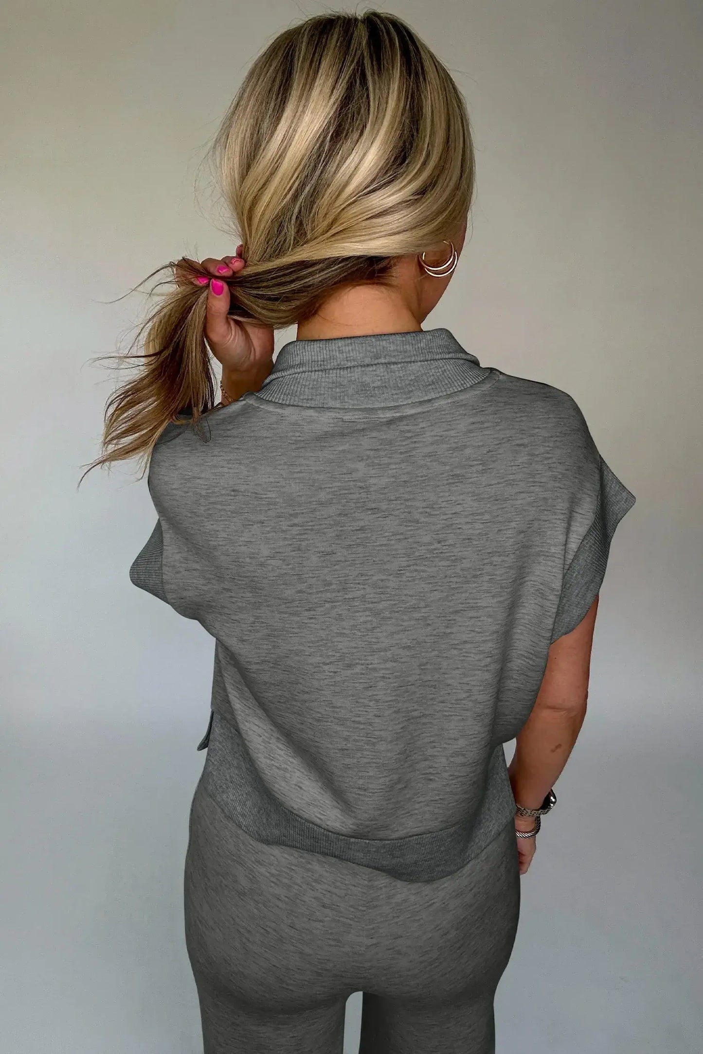 Gray Half Zip Polo Tee Casual Pant Set - Sweet Fashion Wholesale