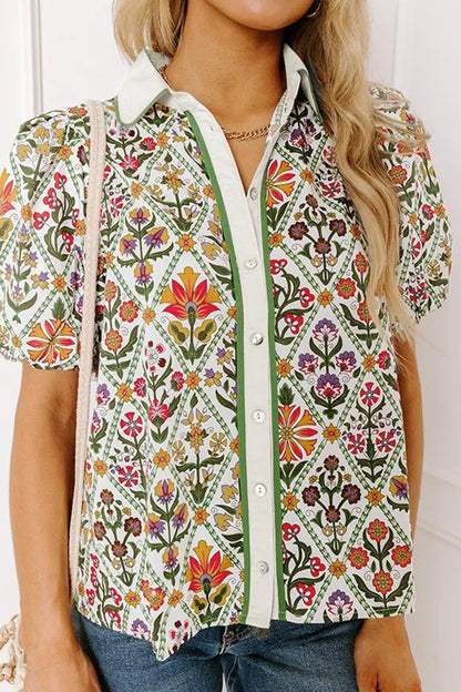 Green Short Bubble Sleeve Floral Shirt - Sweet Fashion Wholesale