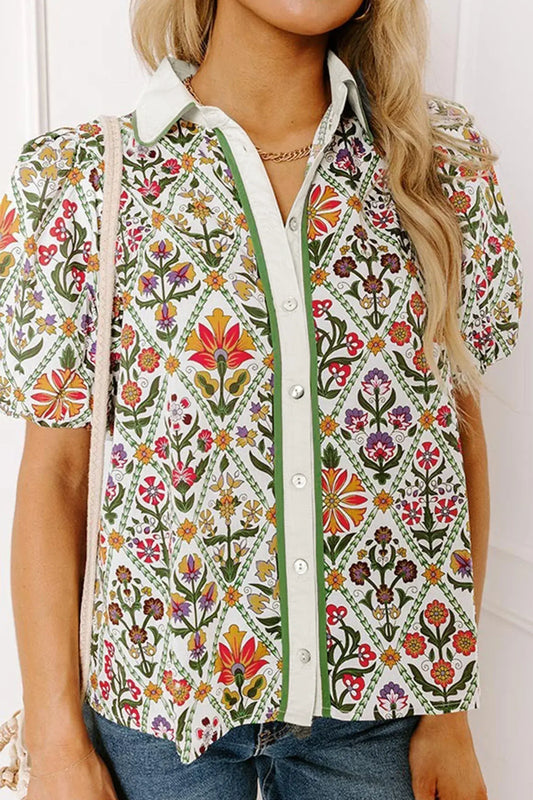 Green Short Bubble Sleeve Floral Shirt - Sweet Fashion Wholesale