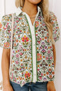 Green Short Bubble Sleeve Floral Shirt - Sweet Fashion Wholesale