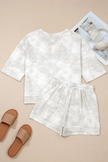 Beige Vintage Tie Dye Bracelet Sleeve Drawstring Elastic Waist 2pcs Short Set - Sweet Fashion Wholesale