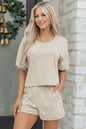 Jet Stream Solid Color Contrast Textured Patchwork Raw Edge 2pcs Short Set - Sweet Fashion Wholesale