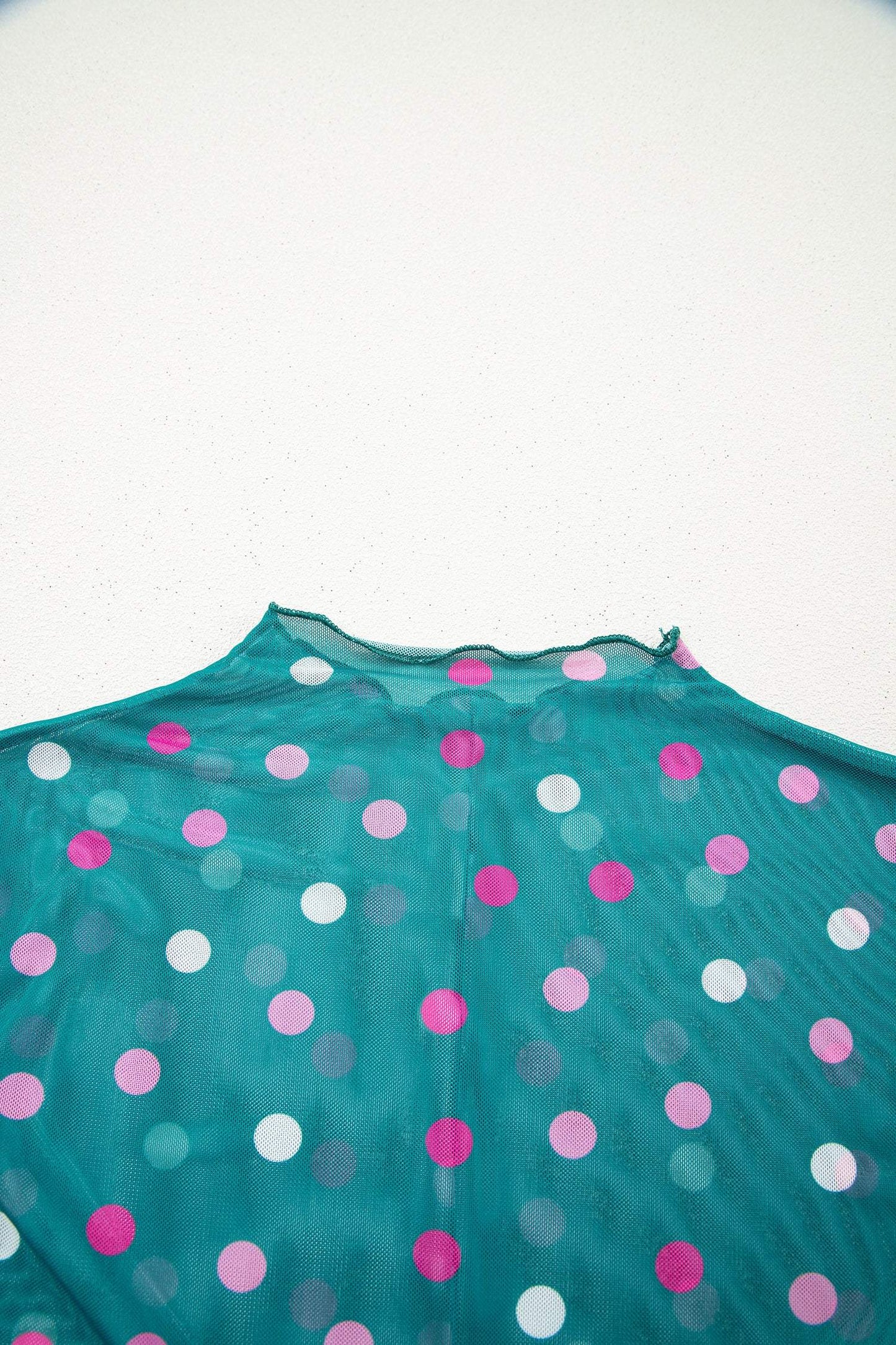 Green Polka Dot Patterned Bodycon Mock Neck Mesh Long Sleeve Top