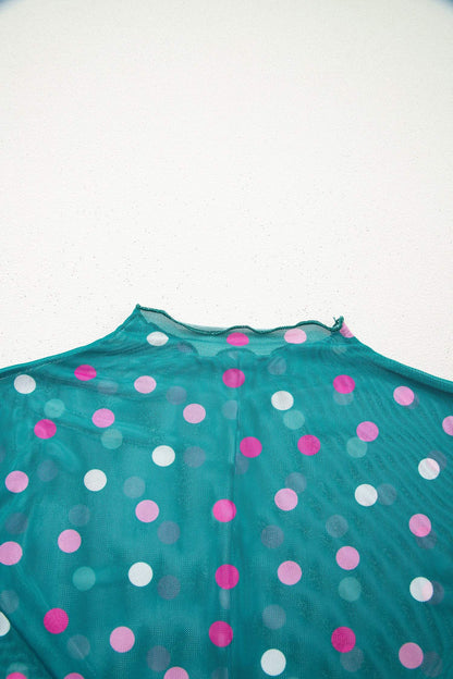 Green Polka Dot Patterned Bodycon Mock Neck Mesh Long Sleeve Top