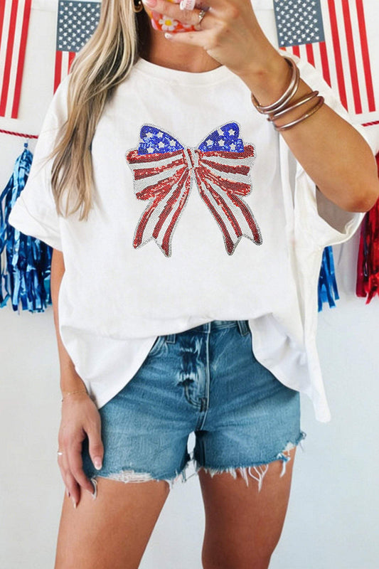 White Patriotic Sequin Bow Graphic Oversized Tee