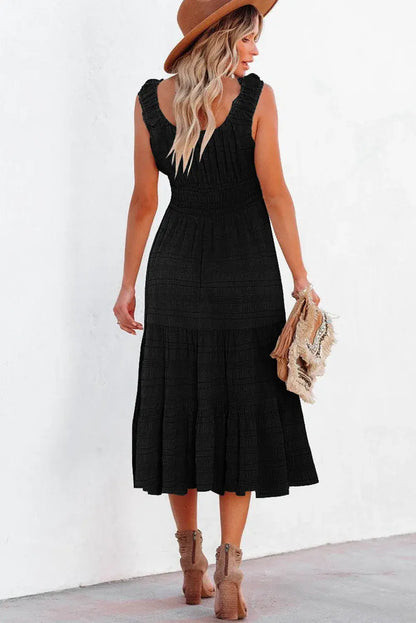 Black Shirred Pleated Square Neck Sleeveless Midi Dress - Sweet Fashion Wholesale