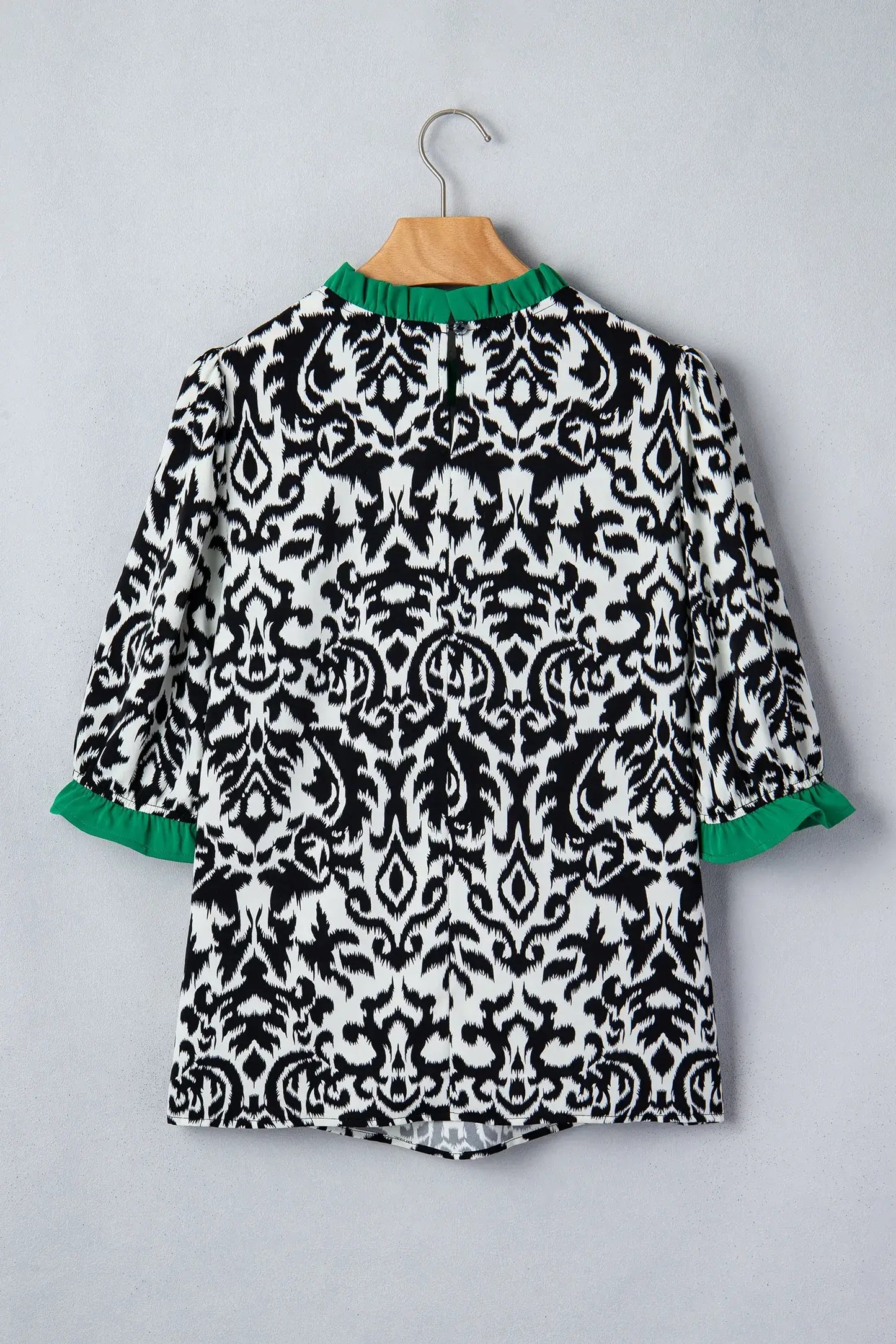 Green Damask Print Ruffled Color Block Detail Half Sleeve Blouse