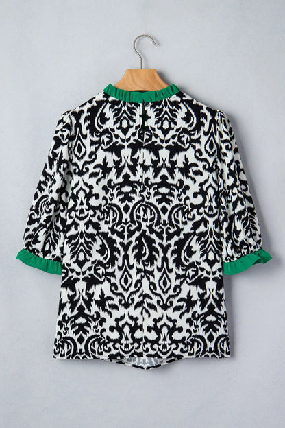 Green Damask Print Ruffled Color Block Detail Half Sleeve Blouse