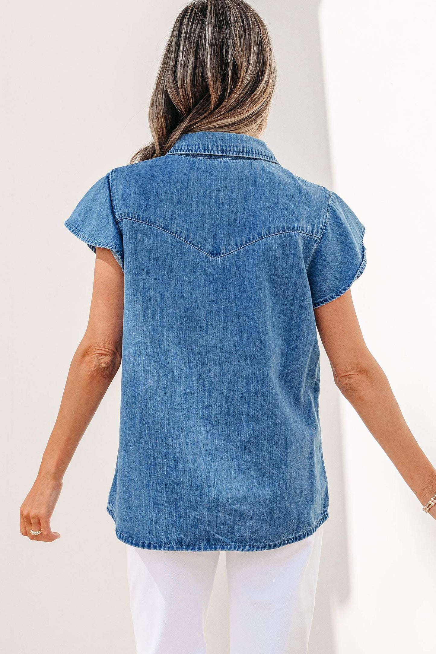 Dusk Blue Ruffled Short Sleeve Denim Shirt