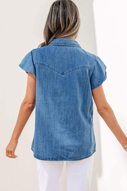 Dusk Blue Ruffled Short Sleeve Denim Shirt