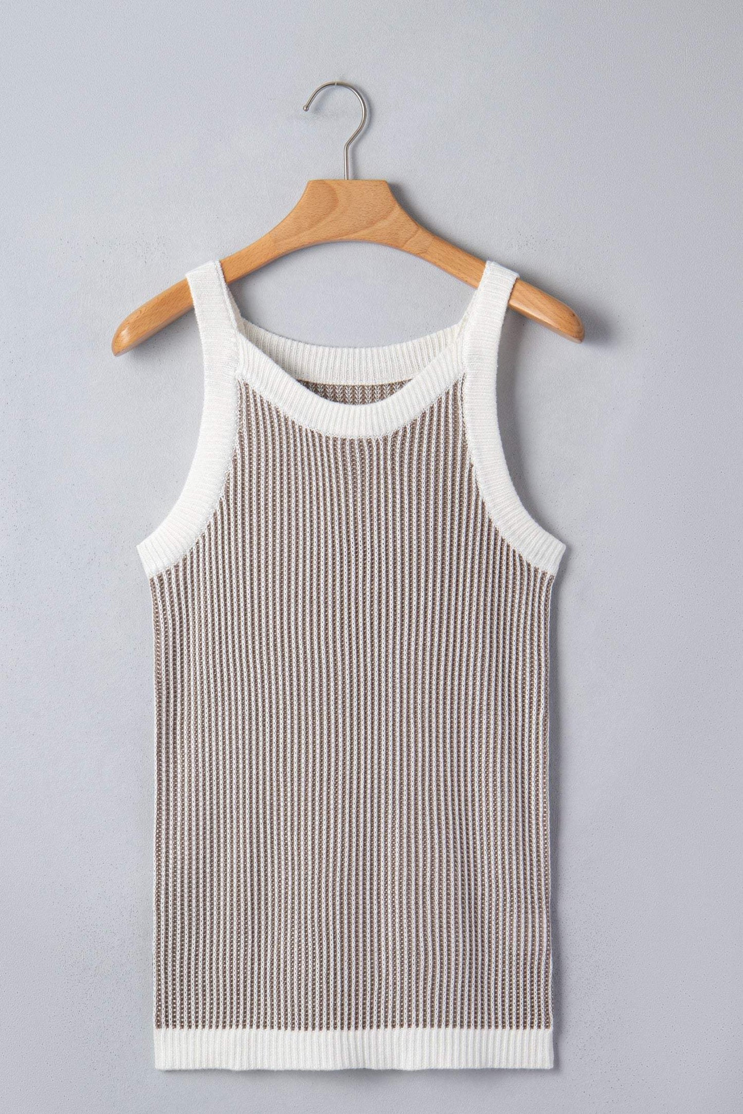 Pale Khaki Contrast Trim Ribbed Knit Sweater Tank Top