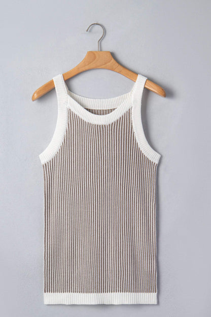 Pale Khaki Contrast Trim Ribbed Knit Sweater Tank Top