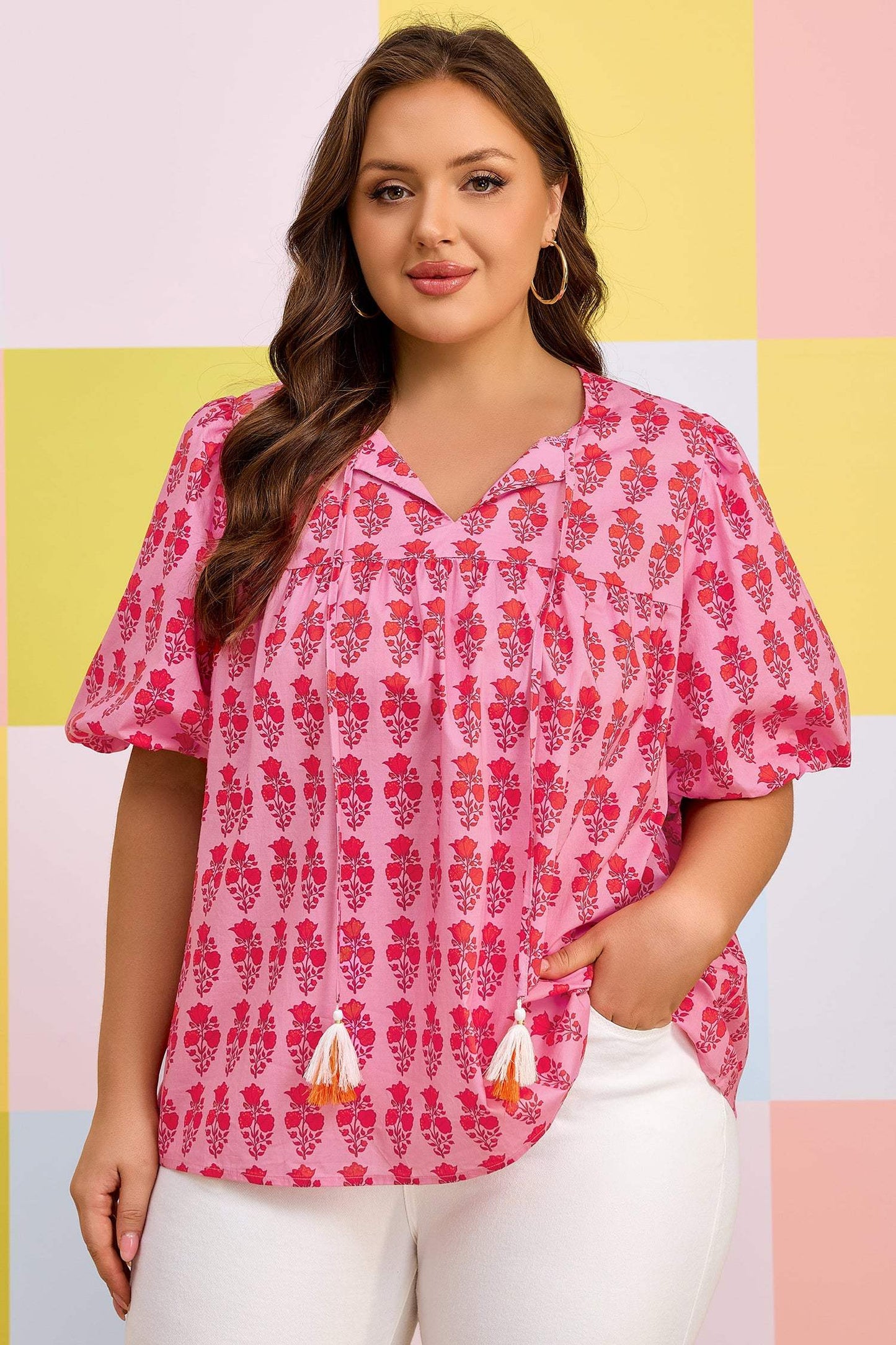 Pink Plus Size Floral Print Tassel Tie Puff Sleeve Cotton Blouse