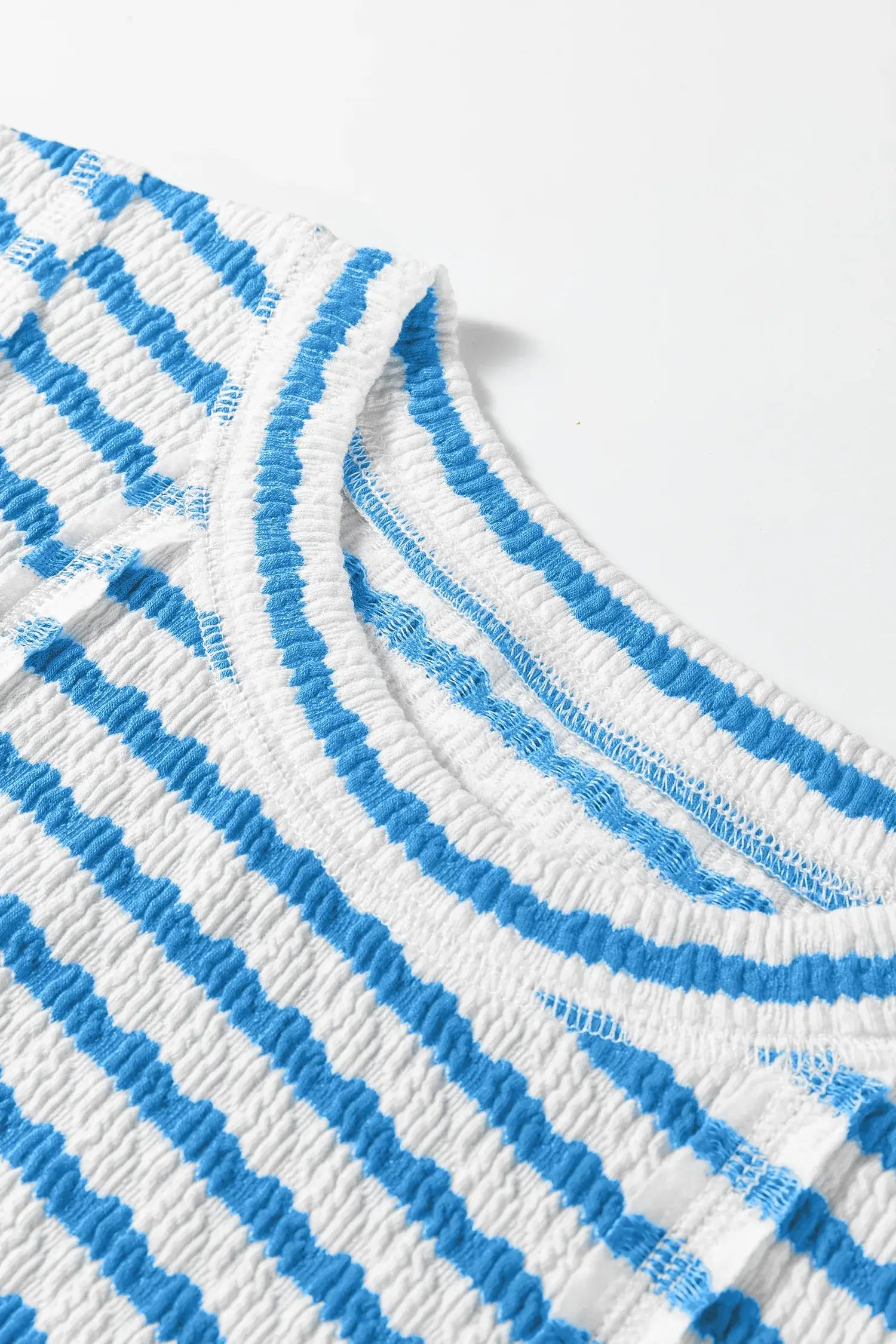 Blue Stripe Textured Short Sleeve Patchwork T Shirt - Sweet Fashion Wholesale