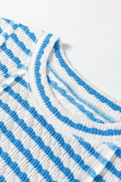 Blue Stripe Textured Short Sleeve Patchwork T Shirt - Sweet Fashion Wholesale