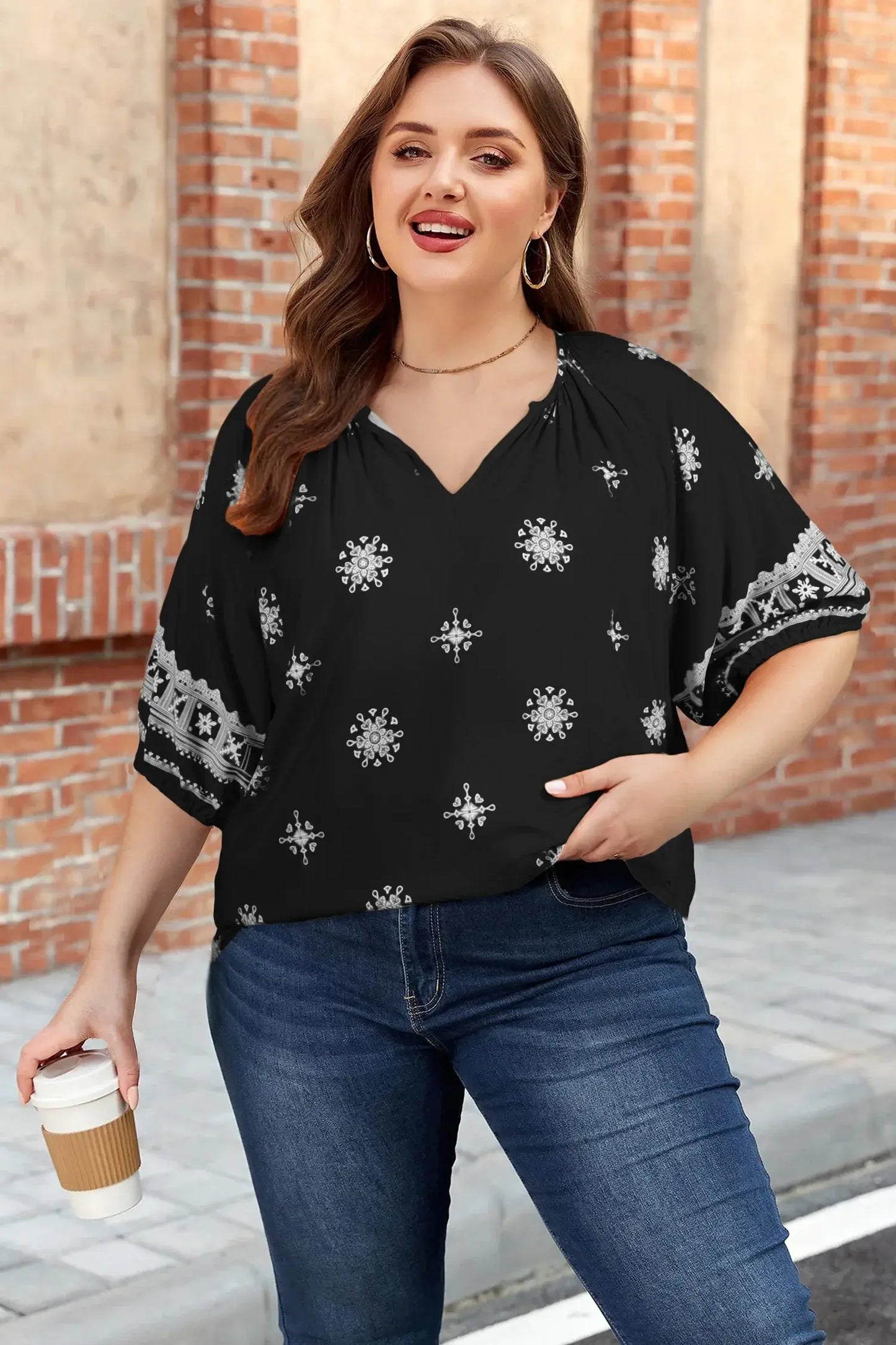Green Boho Chic Notched V Neck Plus Floral Short Sleeve Top - Sweet Fashion Wholesale