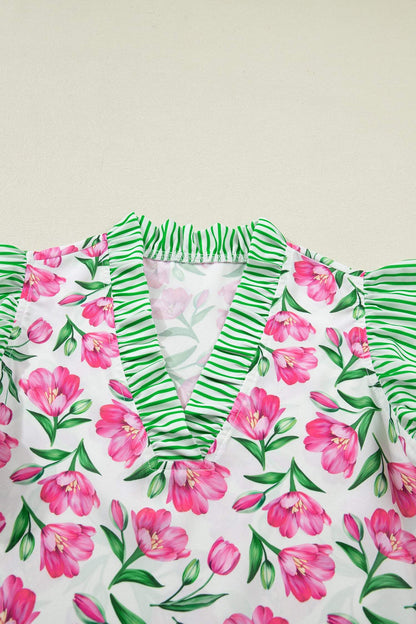 Multicolour Sweet Floral Print Striped Ruffle Trim V Neck Blouse