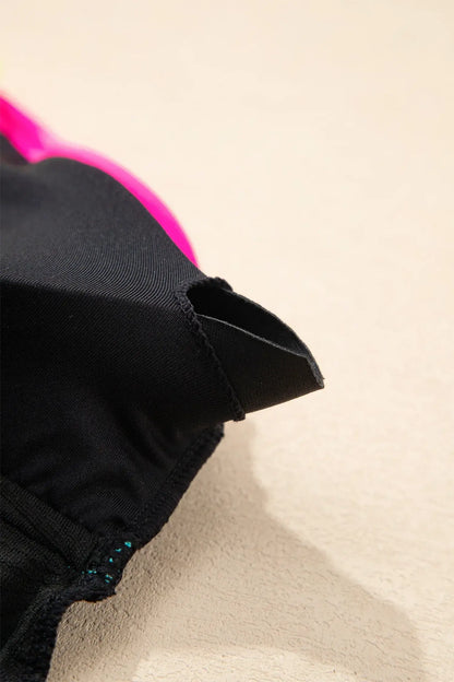 Black Floral Textured Neon Trim V Neck Crisscross Backless Tankini Set - Sweet Fashion Wholesale