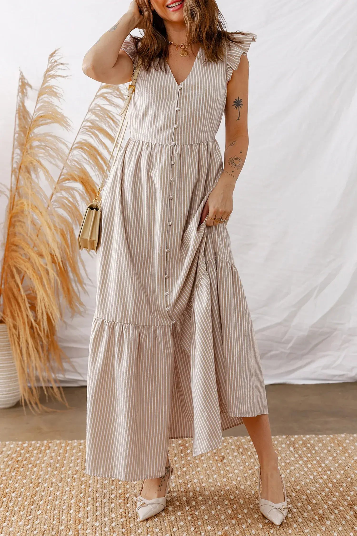 Khaki Stripe Flutter Sleeve Buttoned Front Slit Maxi Dress - Sweet Fashion Wholesale