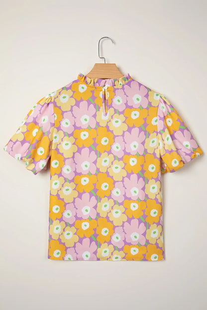 Purple Frilled Neck Puff Short Sleeve Flower Top - Sweet Fashion Wholesale