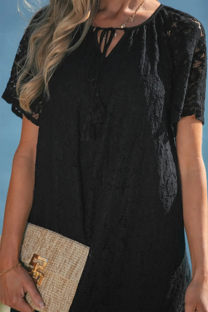 Black Floral Lace Overlay Tassel Tie Short Sleeve Beach Vacation Loose Maxi Dress - Sweet Fashion Wholesale