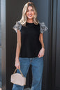 Black Contrast Leopard Ruffled Short Sleeve Ribbed Knit Top - Sweet Fashion Wholesale