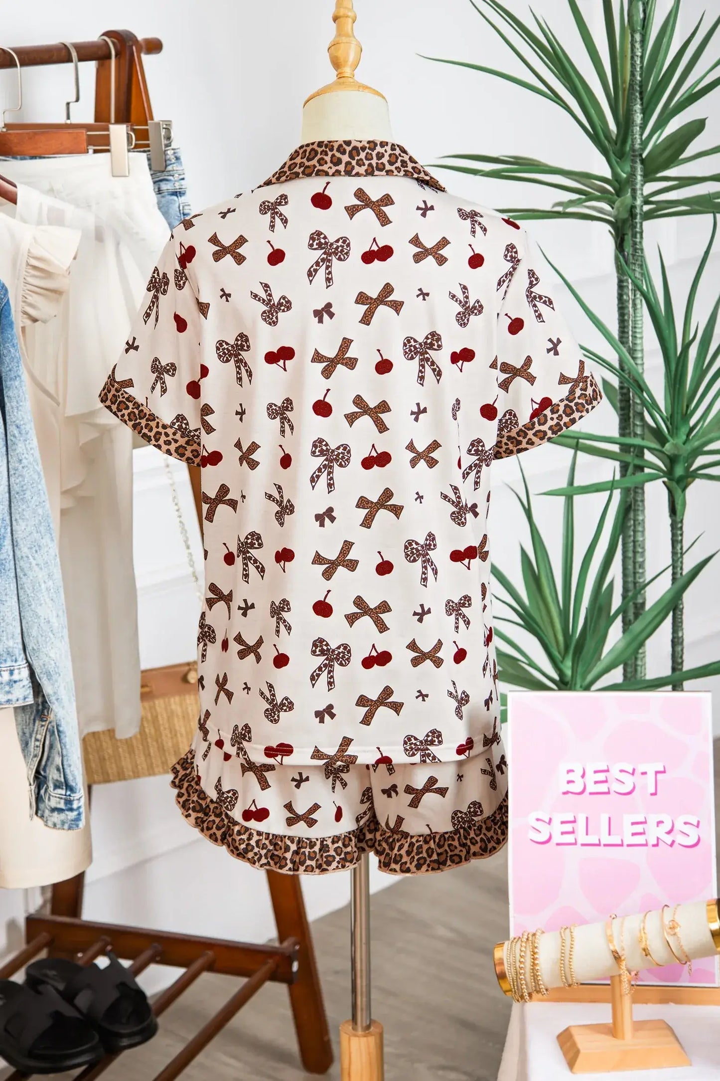 White Chic Bow Cherry Printed Leopard Contrast Patchwork Shirt Drawstring Shorts 2pcs PJ Set - Sweet Fashion Wholesale
