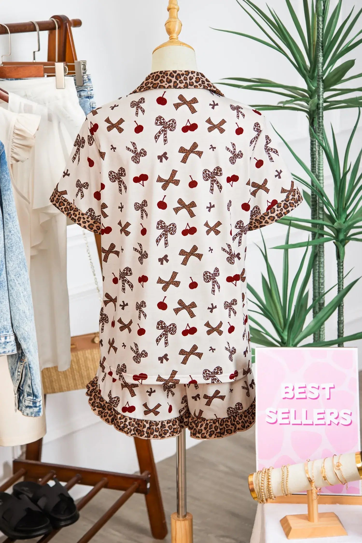 White Chic Bow Cherry Printed Leopard Contrast Patchwork Shirt Drawstring Shorts 2pcs PJ Set - Sweet Fashion Wholesale