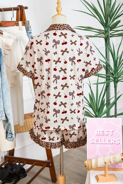 White Chic Bow Cherry Printed Leopard Contrast Patchwork Shirt Drawstring Shorts 2pcs PJ Set - Sweet Fashion Wholesale