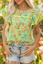 Green Stripe Floral Printed Scalloped Detail Ruffle Short Sleeve Blouse - Sweet Fashion Wholesale