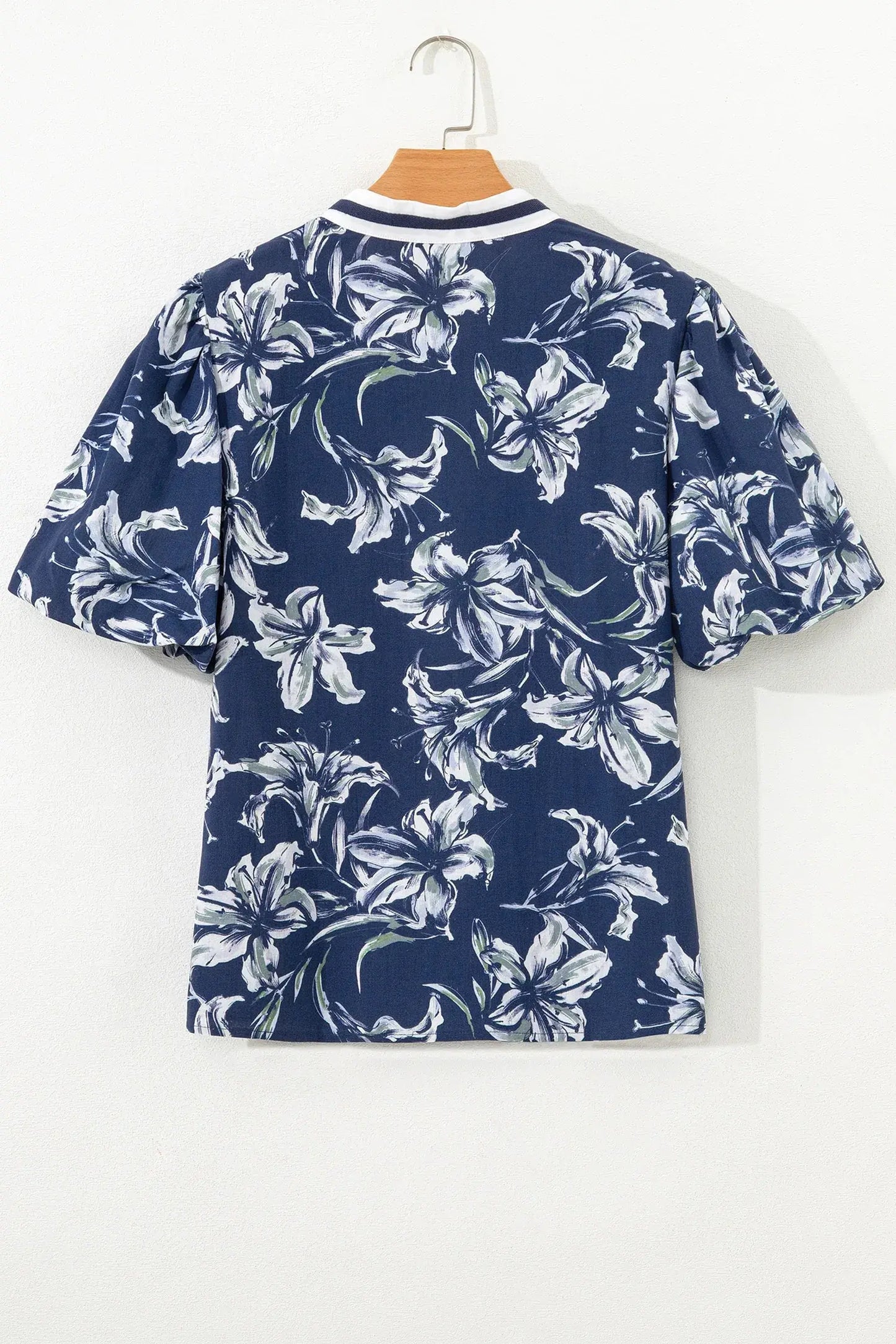 Blue Floral Print Short Puff Sleeve Striped Trim V Neck Blouse - Sweet Fashion Wholesale