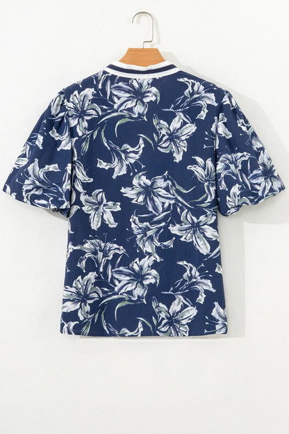 Blue Floral Print Short Puff Sleeve Striped Trim V Neck Blouse - Sweet Fashion Wholesale