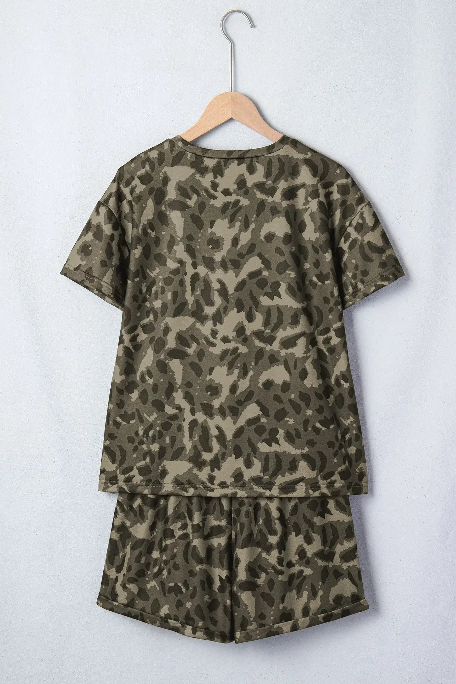 Brown Leopard Print Crew Neck Short Set - Sweet Fashion Wholesale