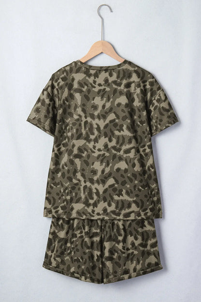 Brown Leopard Print Crew Neck Short Set - Sweet Fashion Wholesale