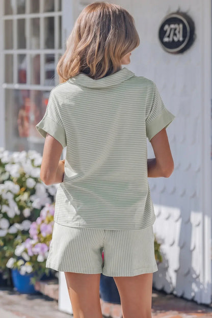 Khaki Stripe Dolman Sleeve Polo Shirt and Drawstring Shorts Set