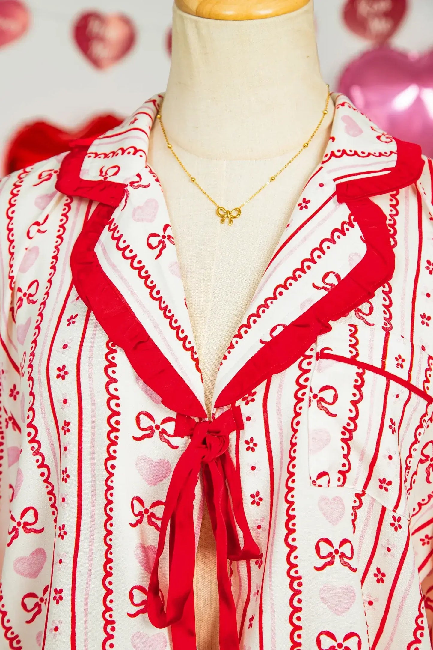 Red Sweet Floral Heart Bow Print Contrast Trim Long Sleeve Shirt Pajama Short Set - Sweet Fashion Wholesale