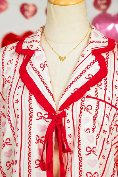 Red Sweet Floral Heart Bow Print Contrast Trim Long Sleeve Shirt Pajama Short Set - Sweet Fashion Wholesale