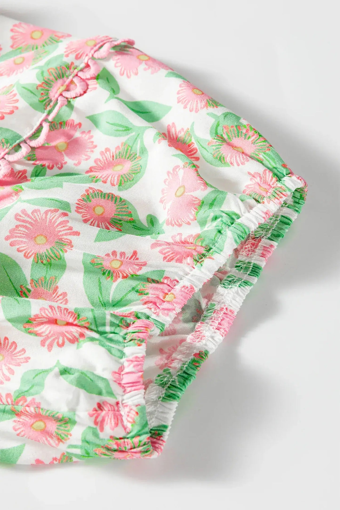 Green Contrast Neckline Ricrac Trim Floral Short Puff Sleeve Dress - Sweet Fashion Wholesale