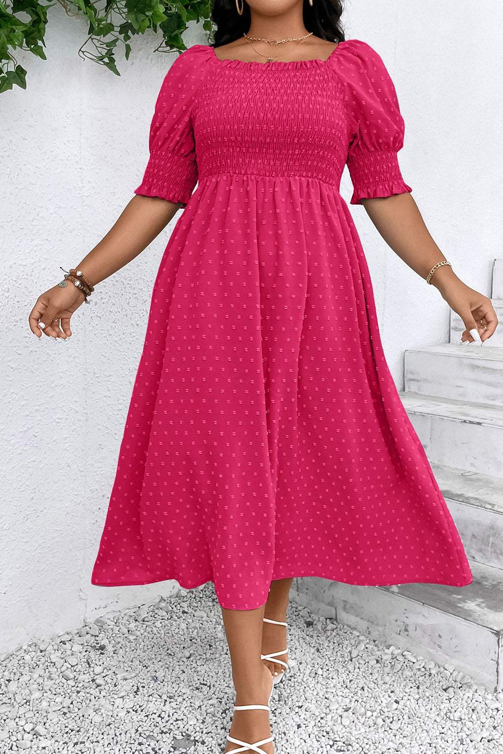 Wisteria Swiss Dot Smocked Frilled Neckline Short Sleeve Plus Size Dress