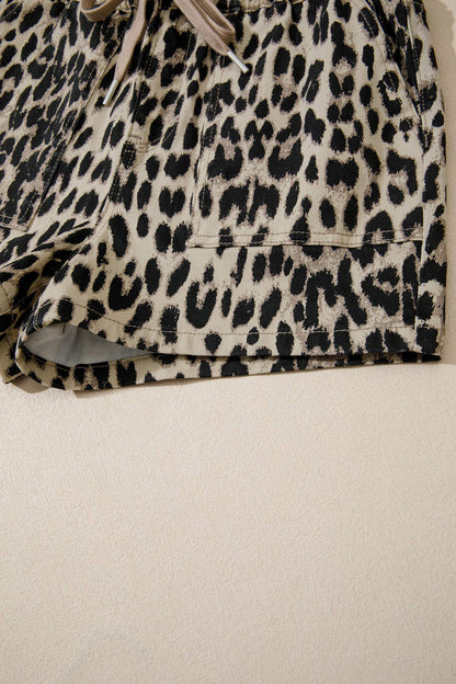 Brown Retro Leopard Print Lace-up Elastic Waistband Mid Rise Denim Shorts