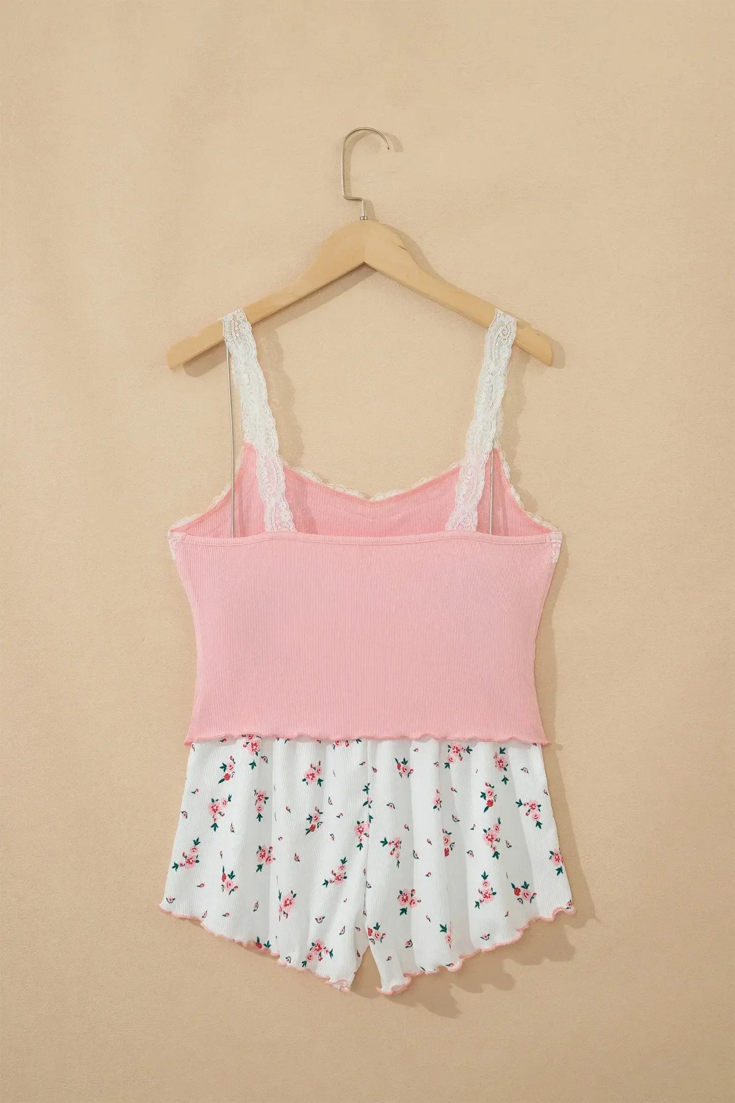 Pink Ribbed Knit Lace Straps Patchwork Lettuce Hem Cropped Top Floral Short Lounge Set - Sweet Fashion Wholesale