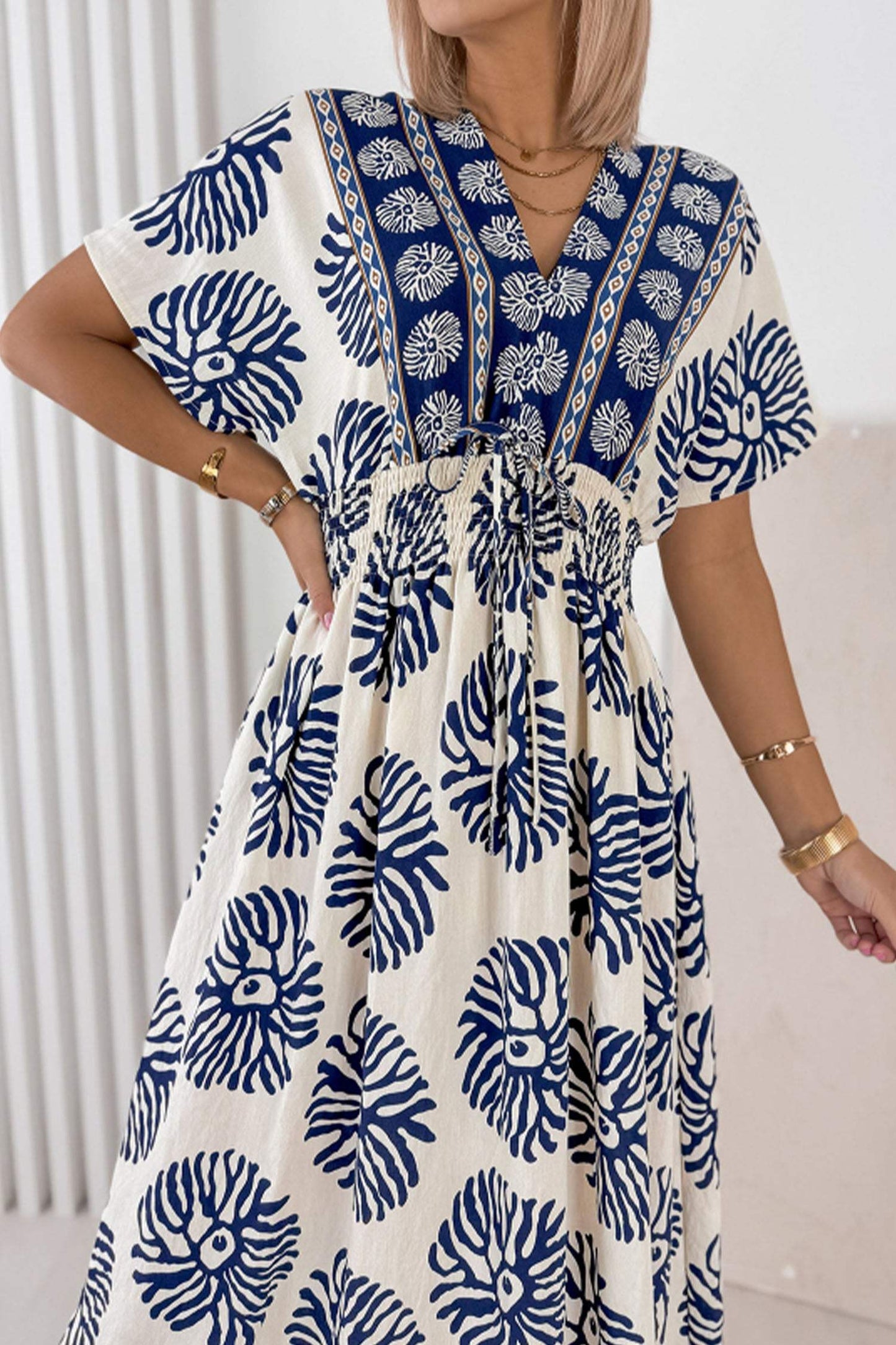 Blue Boho Floral Print Contrast Patchwork V Neck Dolman Maxi Dress