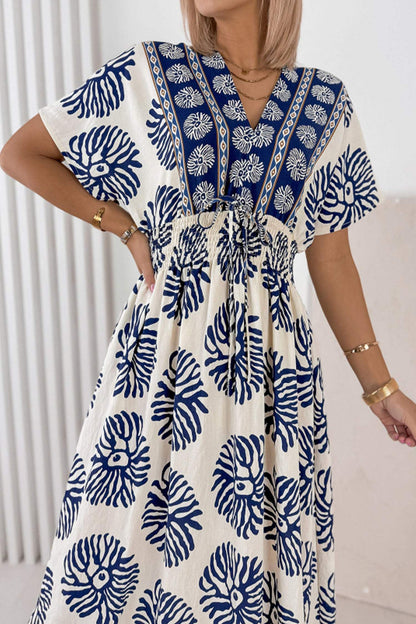 Blue Boho Floral Print Contrast Patchwork V Neck Dolman Maxi Dress