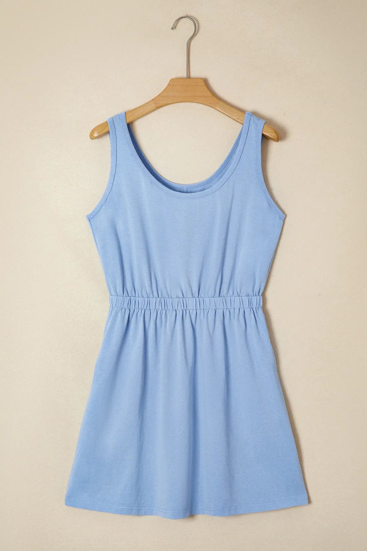Sky Blue Mineral Wash Elastic Waist Tank Dress with Side Pockets - Sweet Fashion Wholesale